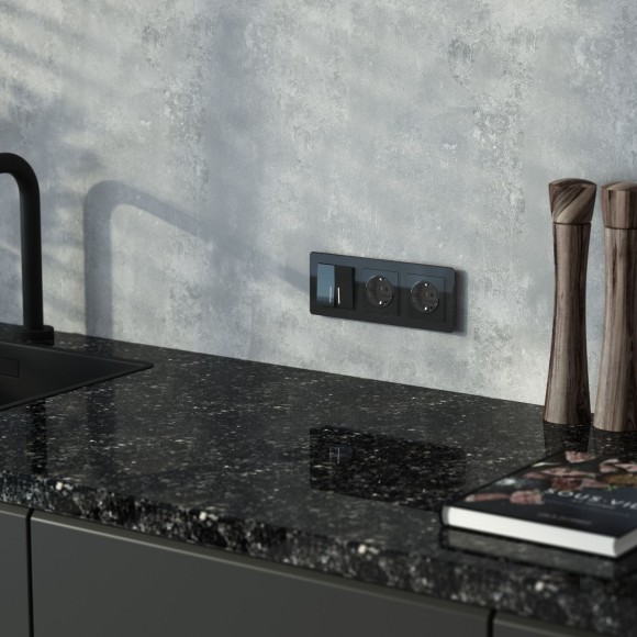 Выключатель двухклавишный проходной с подсветкой (черный акрил) W1122148