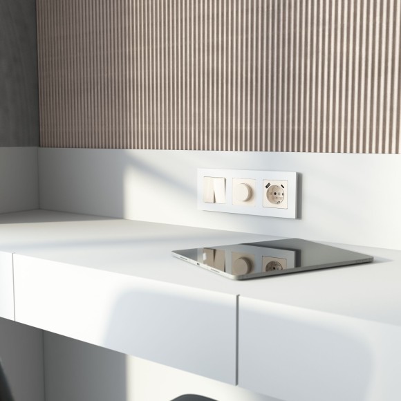 Розетка с заземлением, шторками и USB A+C (айвори акрил) W1171743