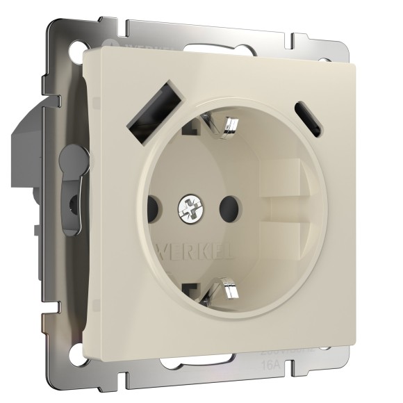 Розетка с заземлением, шторками и USB тип A+C (слоновая кость) W1171703