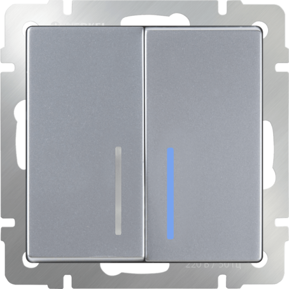 Выключатель двухклавишный проходной с подсветкой (серебряный) WL06-SW-2G-2W-LED Werkel